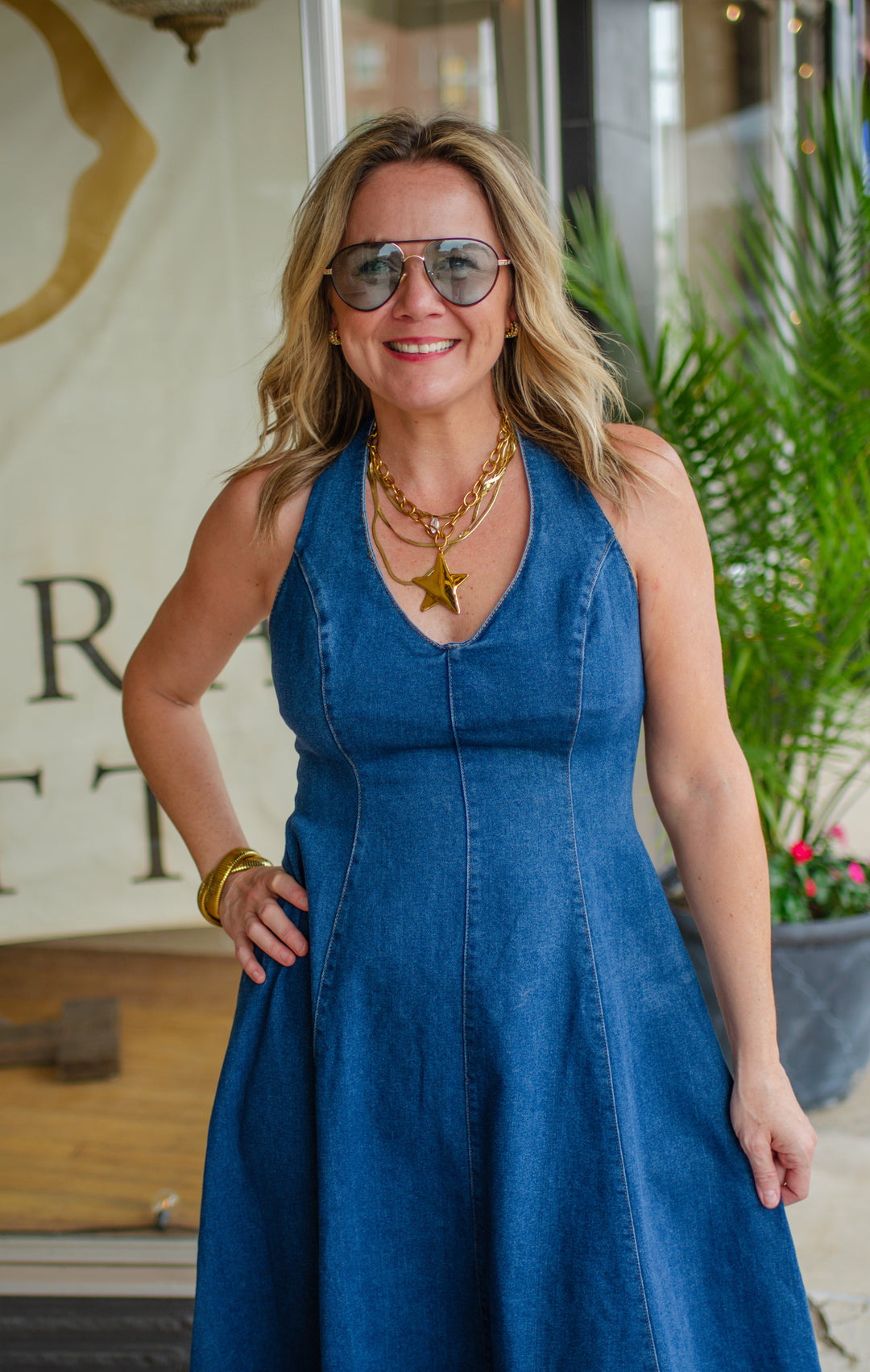 Spin Me Around Denim Swing Halter Dress in Dark Denim