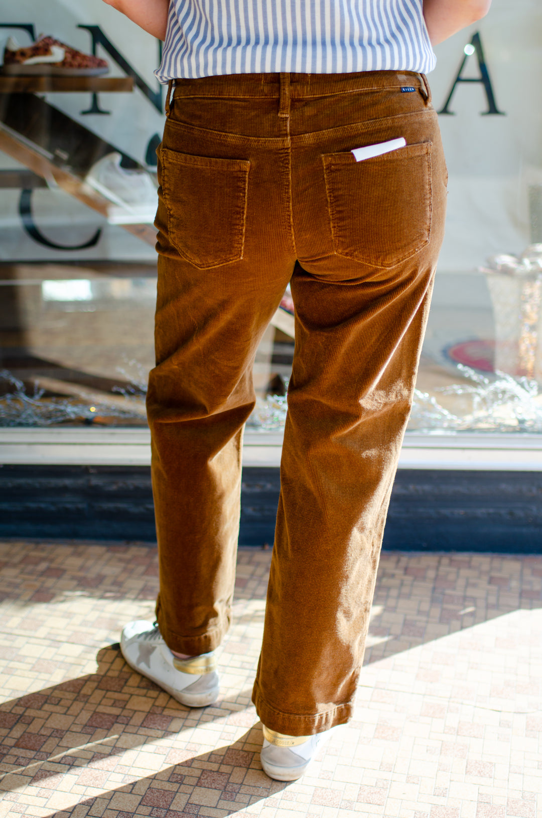 Risen Tummy Control Mid Rise Ankle Straight Corduroy Pants in Camel