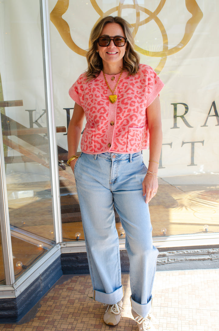 Pink Leopard Button Down Sweater Top