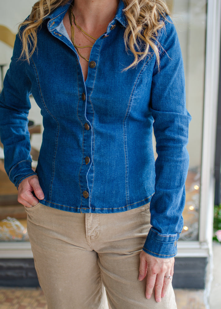 Perfect Denim Fitted Button Down Collared Top in Dark Denim