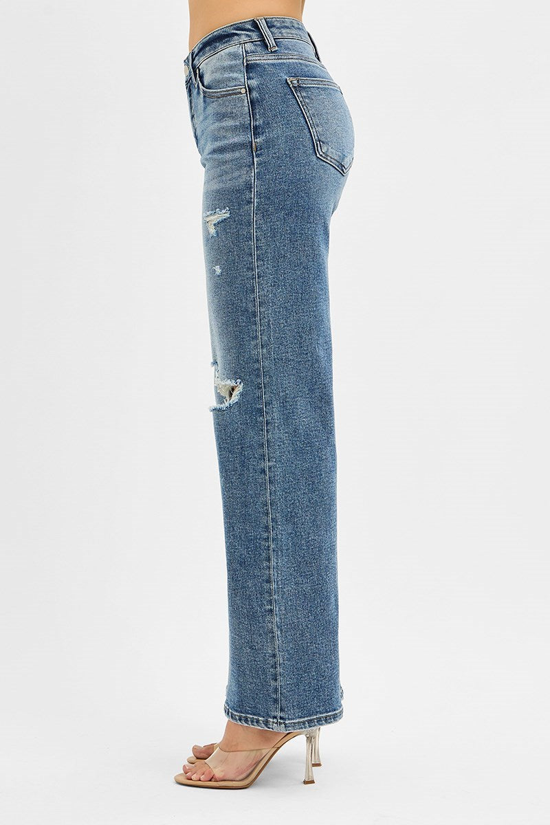 Risen Mid Rise Tummy Control Wide Jeans in Medium Wash