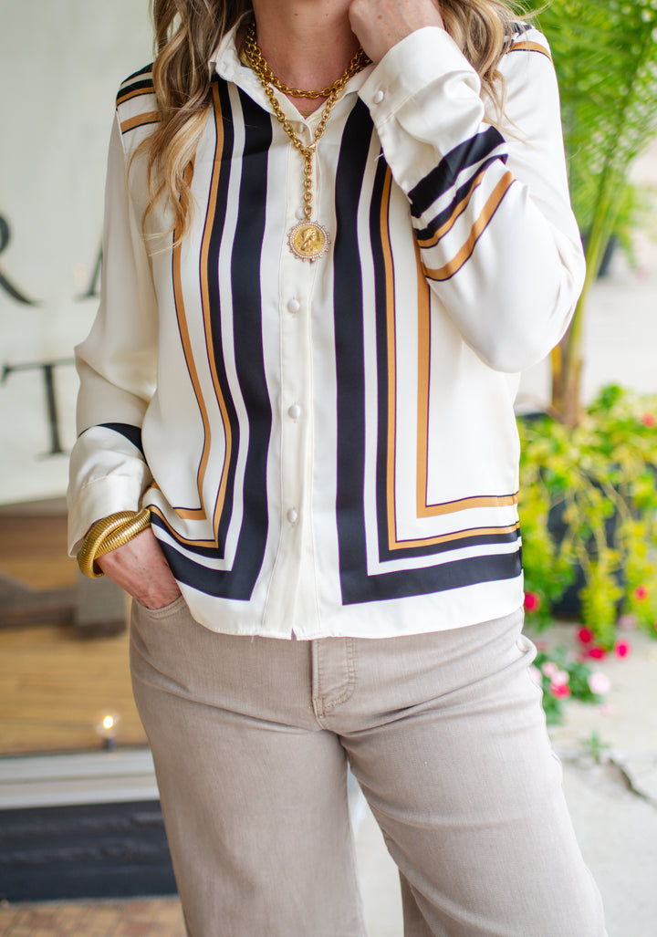 Perfectly Posh Button Down Top with Neck Scarf in Cream