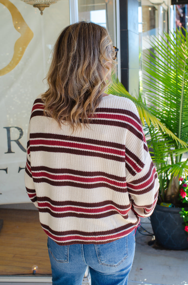 Autumn Colors Stripe Pocket Front Long Sleeve Sweater