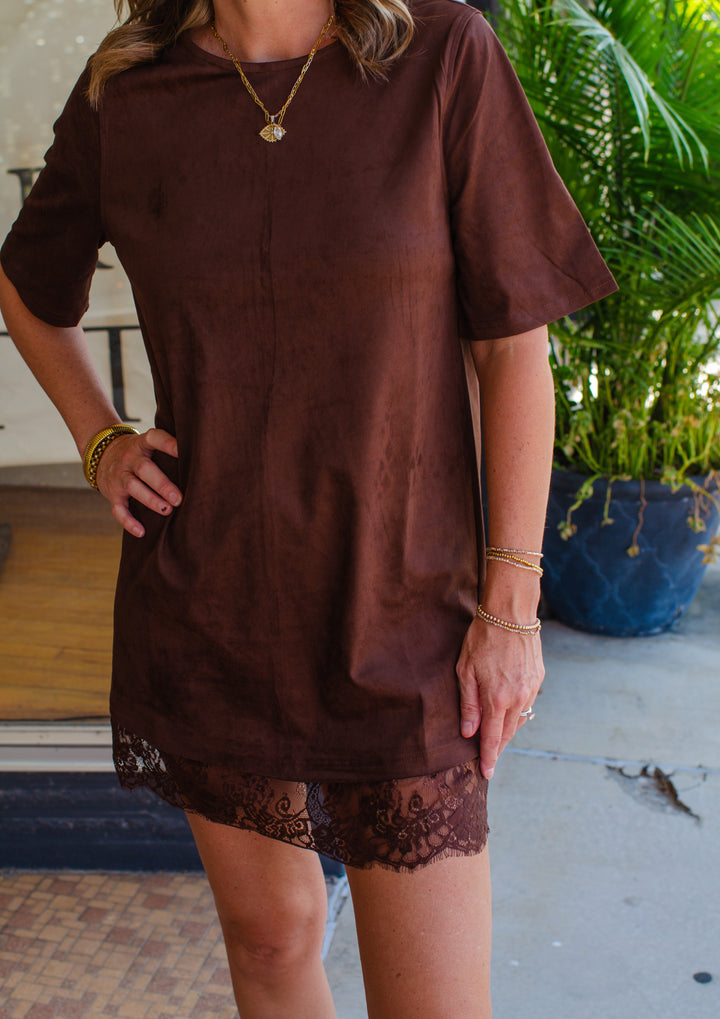 Spin Me Around Chocolate Faux Suede Lace Hem Dress