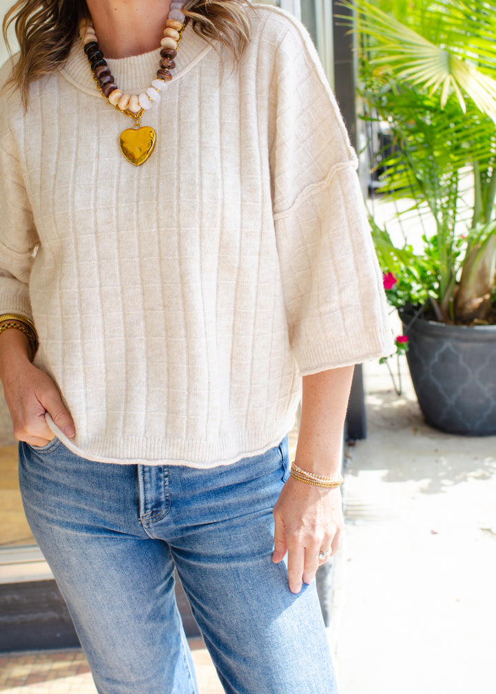Perfect Fall Short Sleeve Textured Sweater Top in Oatmeal