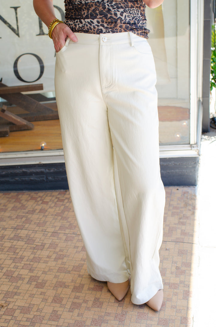 In Stride Faux Leather Gold Button Wide Leg Pant in Cream