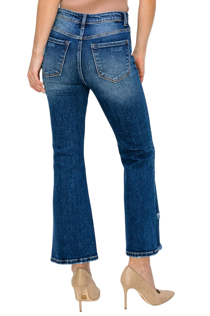 Risen High Rise Crop Flare Jeans in dark wash