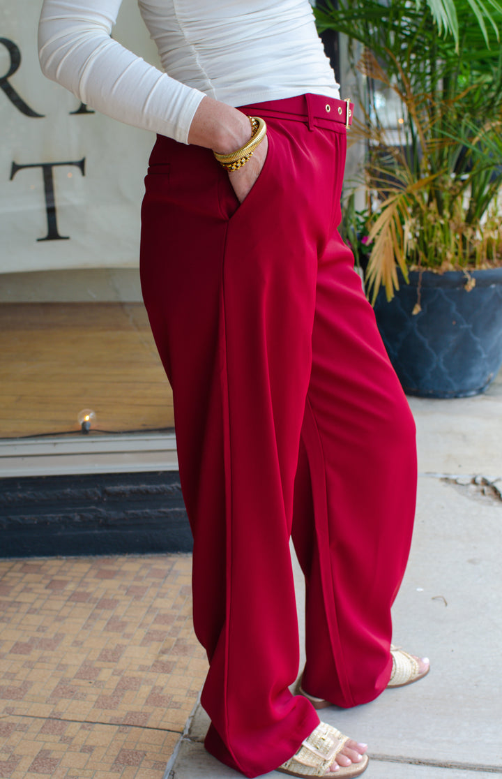 Sophisticated Beauty Belted Wide Leg Trouser Pant in Deep Red
