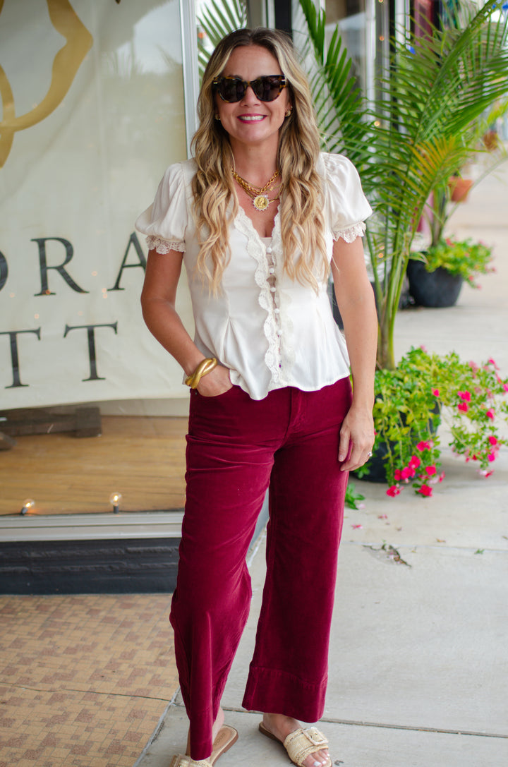 Romantic Nights Lace Trim Button Down Puff Sleeve Blouse in Cream