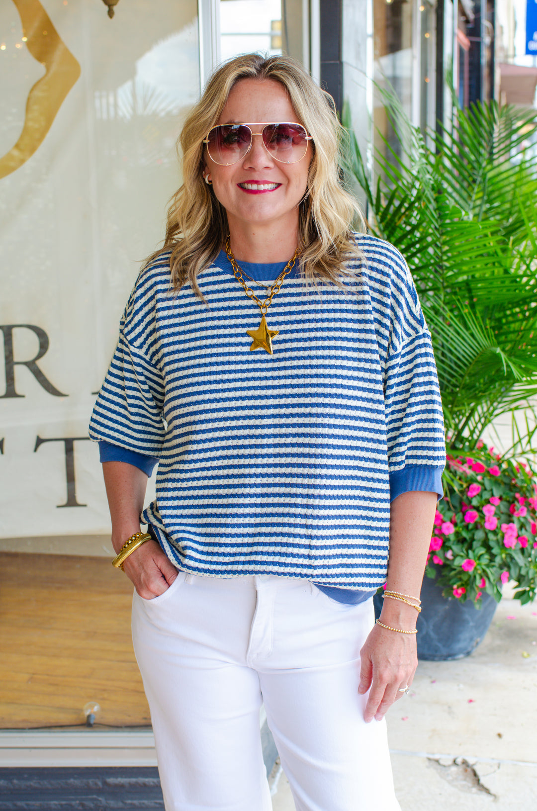 Classic Oversized Striped Tee in Light Denim