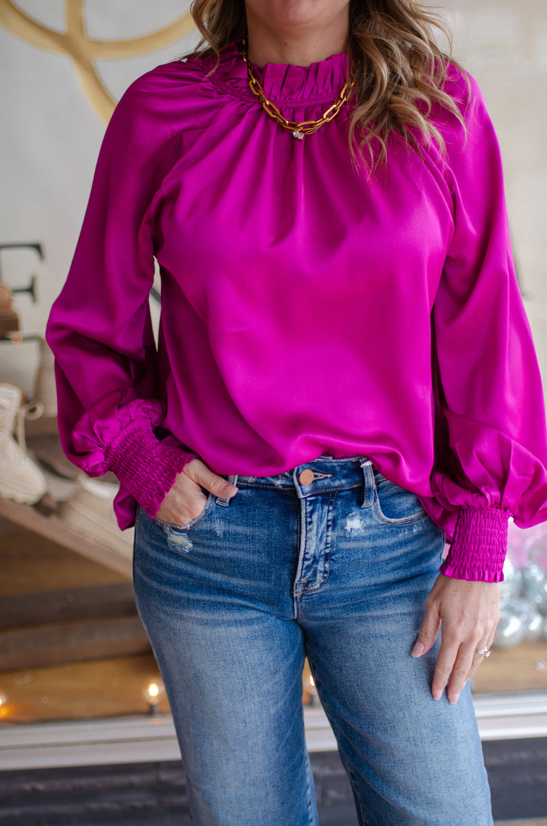 Date Night Ruffled High Neck Silky Blouse in Magenta