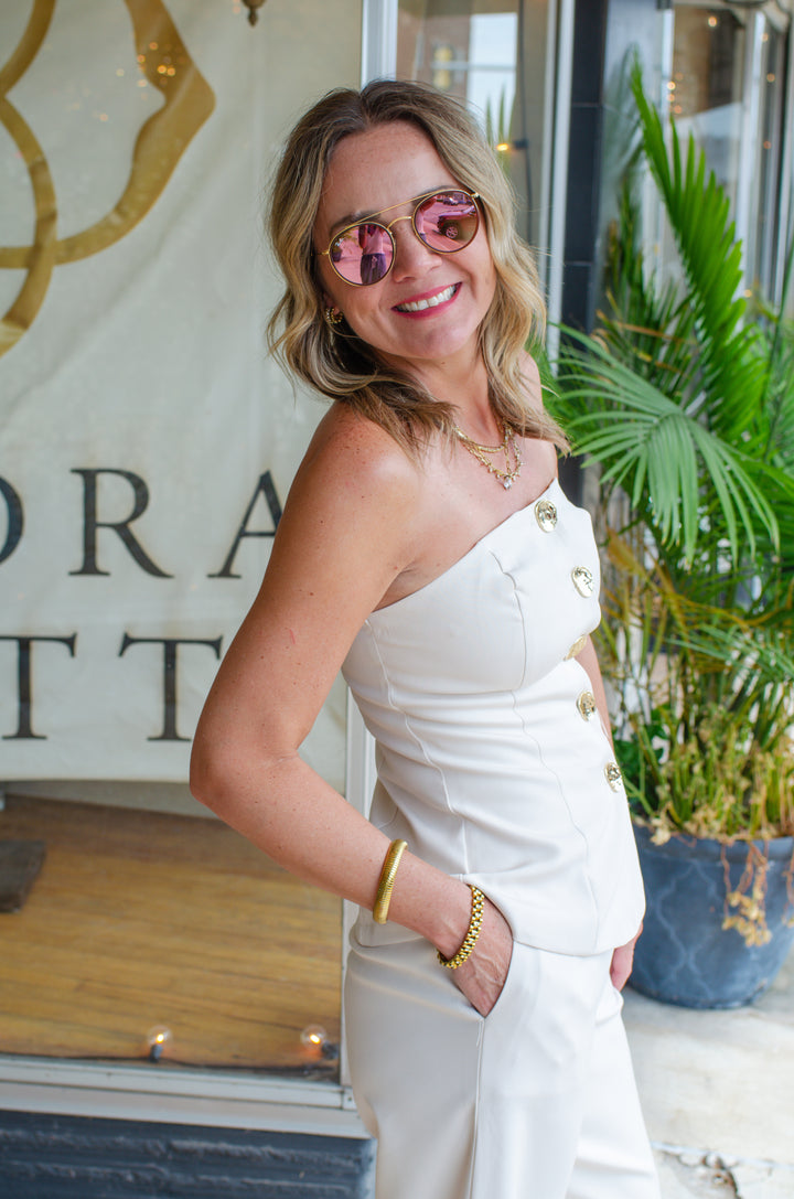 Pure Sophistication Gold Button Down Strapless Top in Cream
