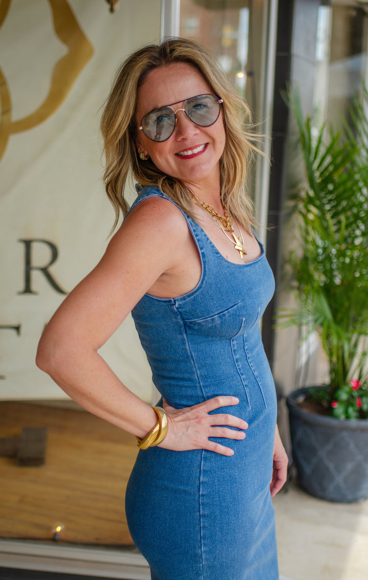 Hold Me Close Denim Fitted Midi Dress
