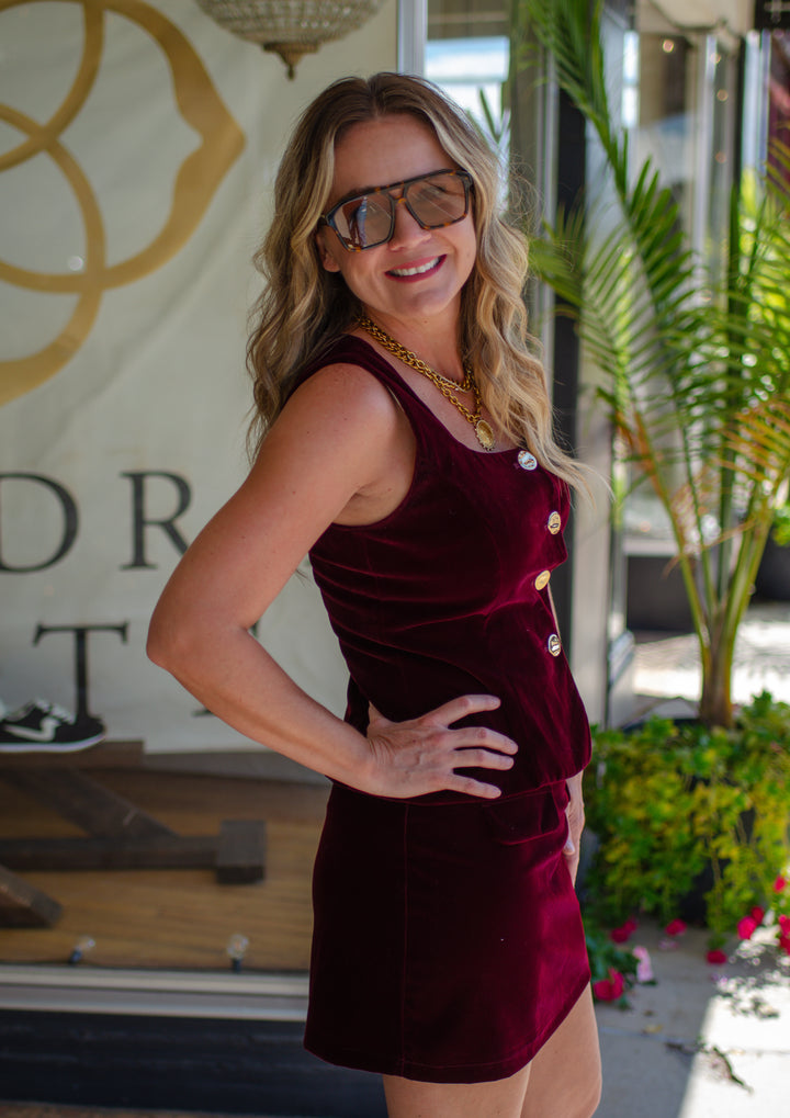 Winter Wish Velvet Button Down Top in Wine