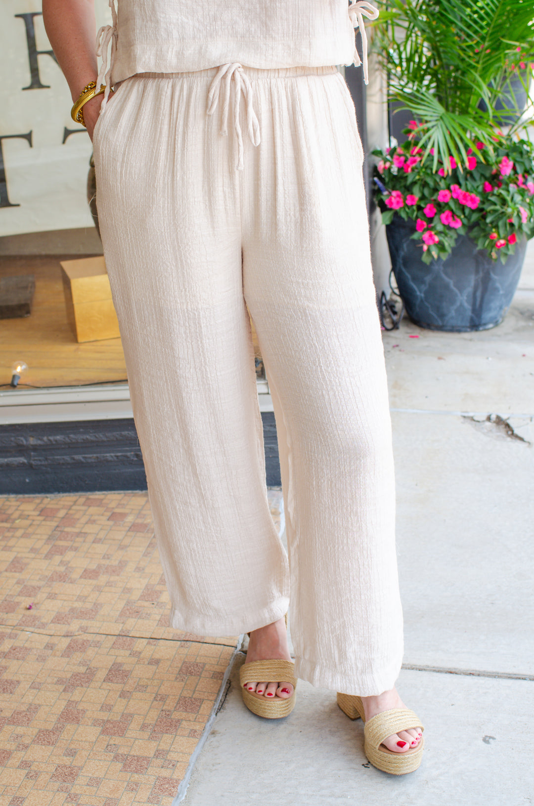 Take Me To The Beach Textured Drawstring Wide Leg Pant in Natural