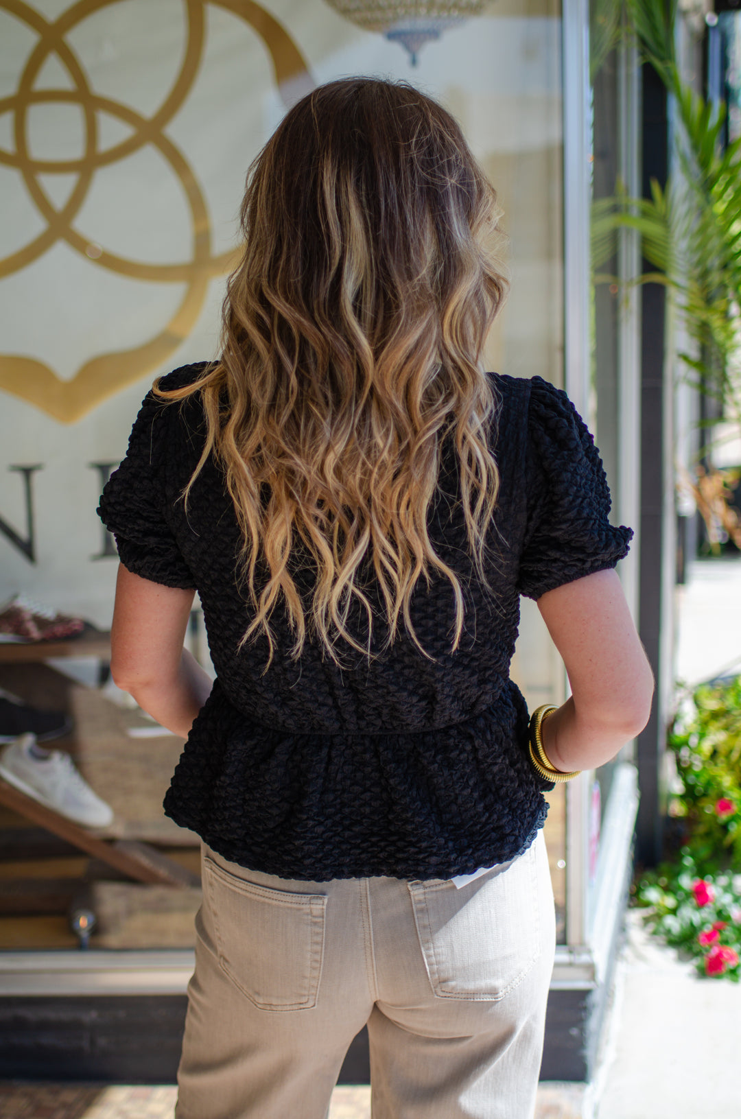 Take Me Out Bow Front Textured Top in Black