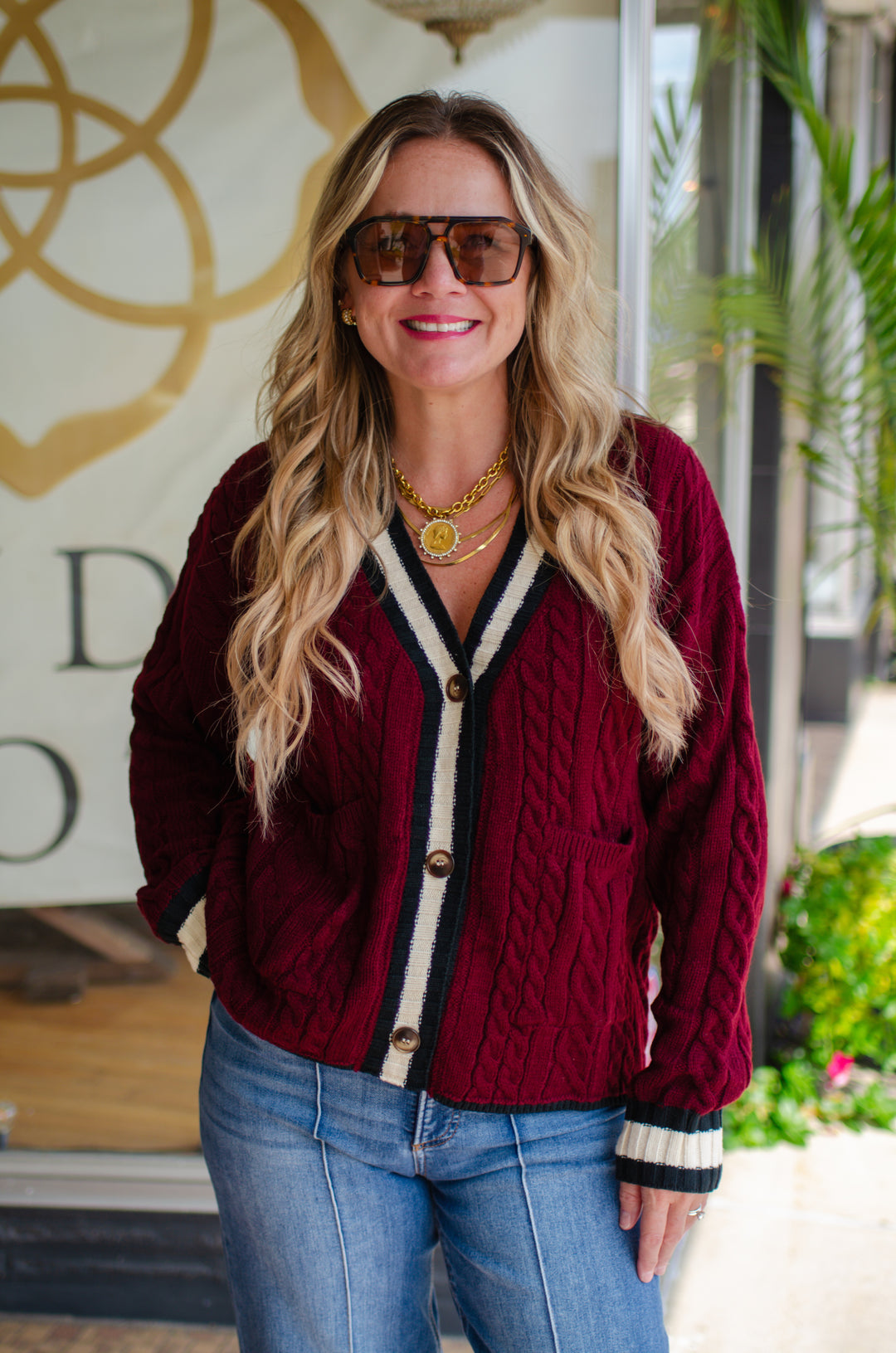 Burgundy Knit Varsity Button Down Sweater