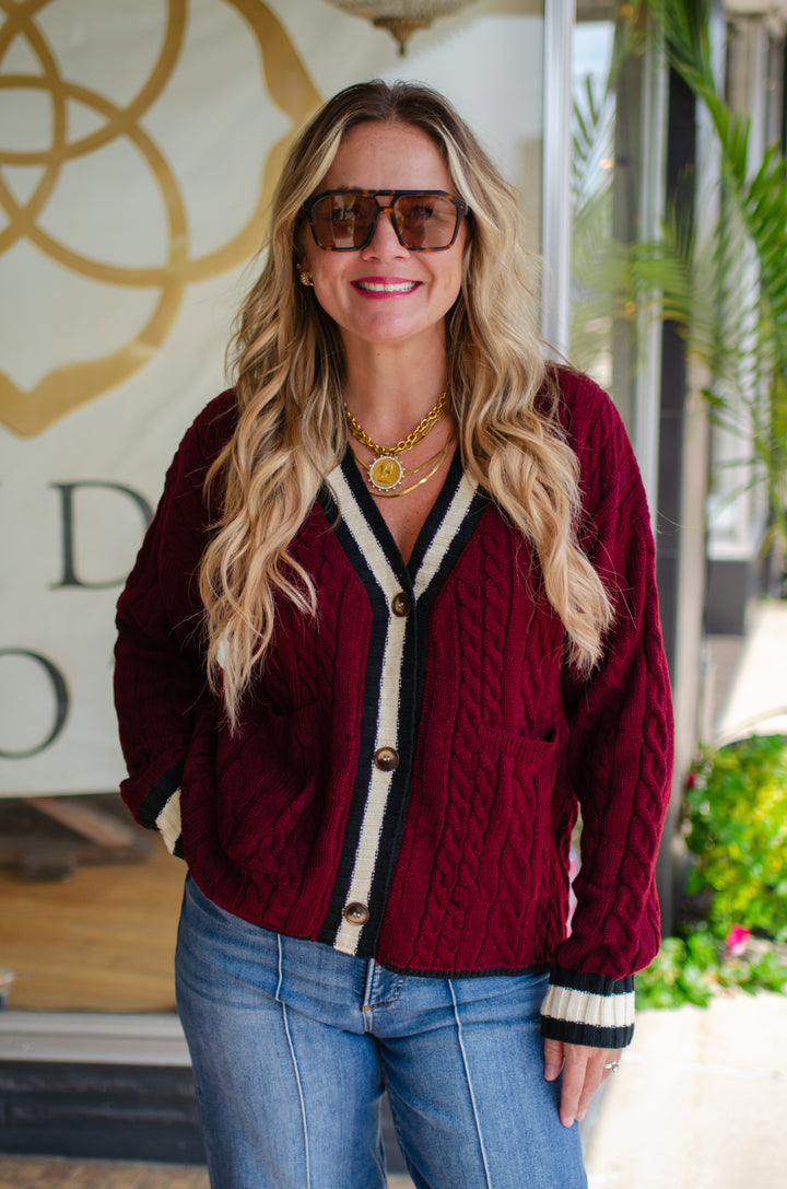 Burgundy Knit Varsity Button Down Sweater