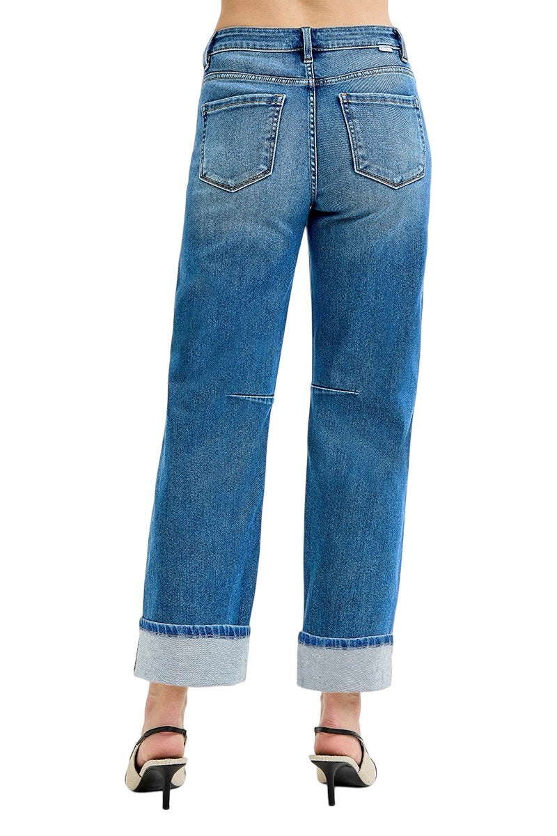 Risen Slouchy Crop Barrel Cuffed Jeans in Medium Wash