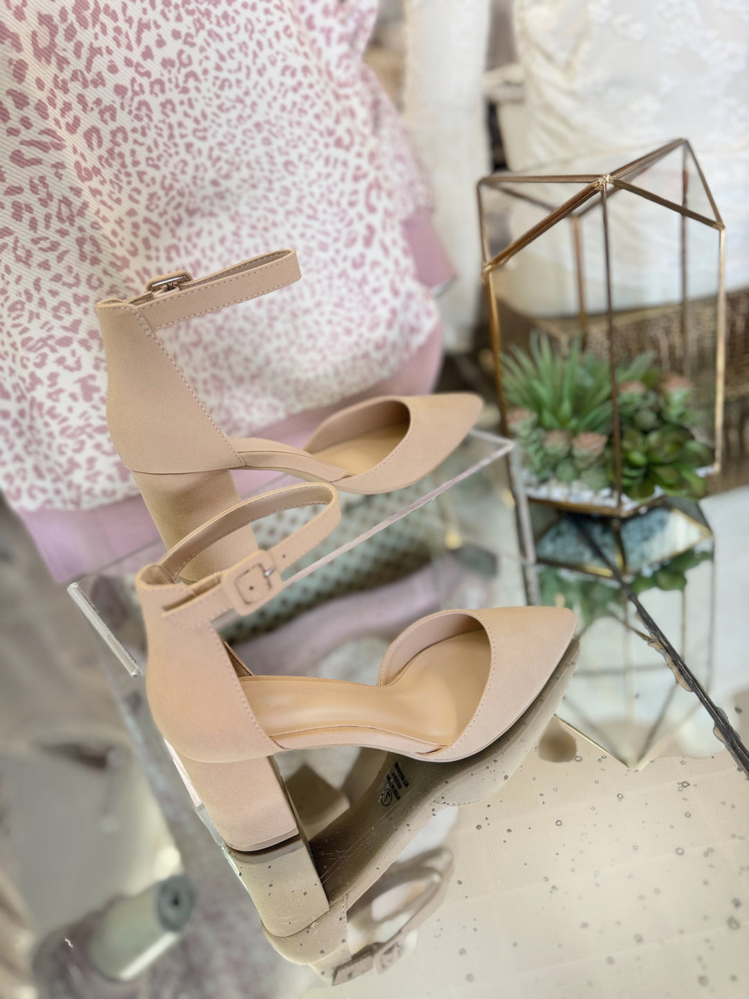 True Statement Pointy Toe Ankle Strap Heel in Nude