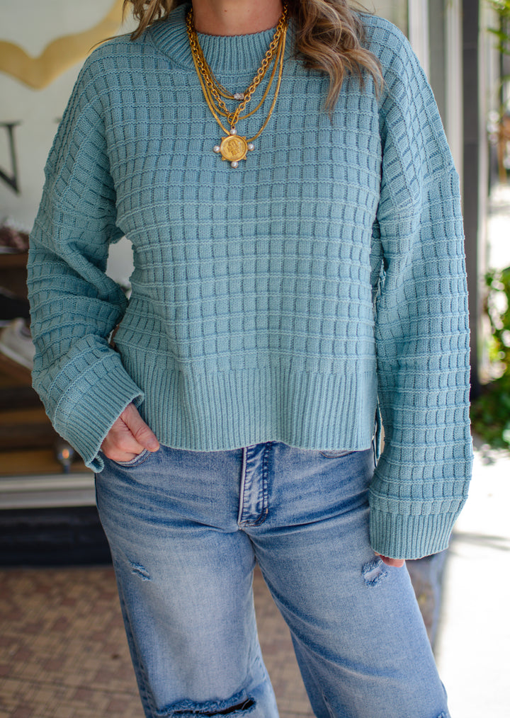 Take It Easy Textured Knit Sweater in Dusty Teal