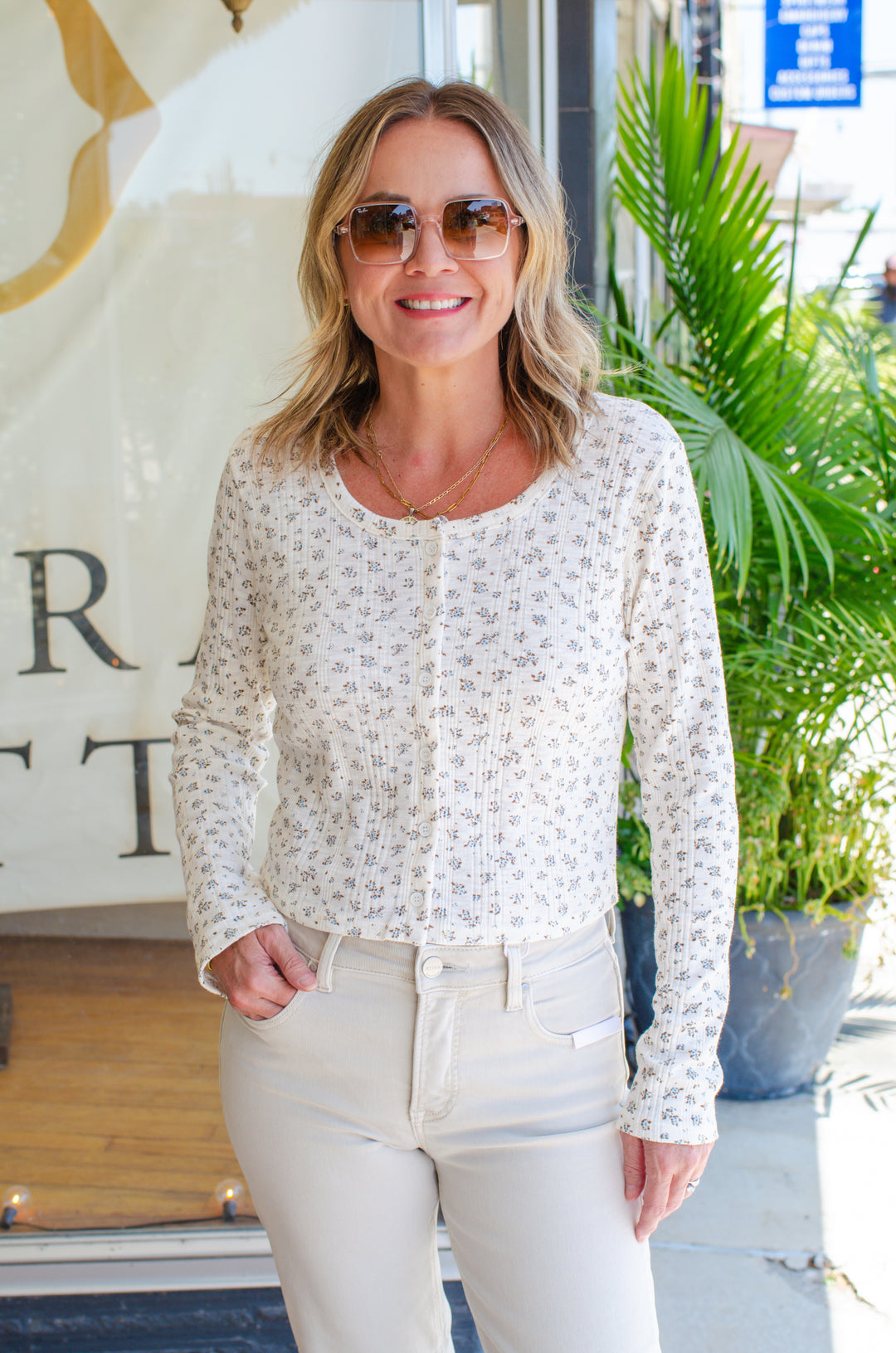 Floral Love Cream Printed Button Down Long Sleeve Top