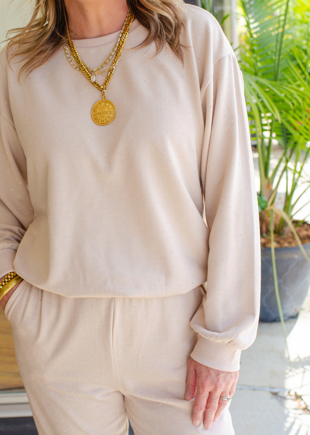 Shimmer in You Top Cream Sweatshirt Top with Metallic Rhinestones