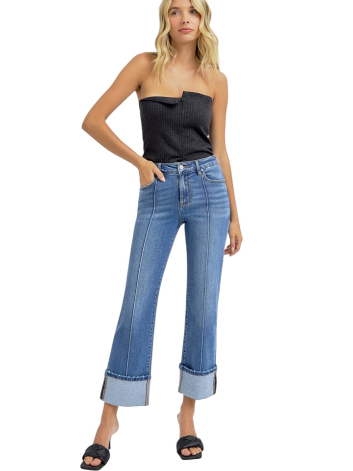 Risen High Rise Ankle Straight Wide Cuff Jeans in Medium Wash