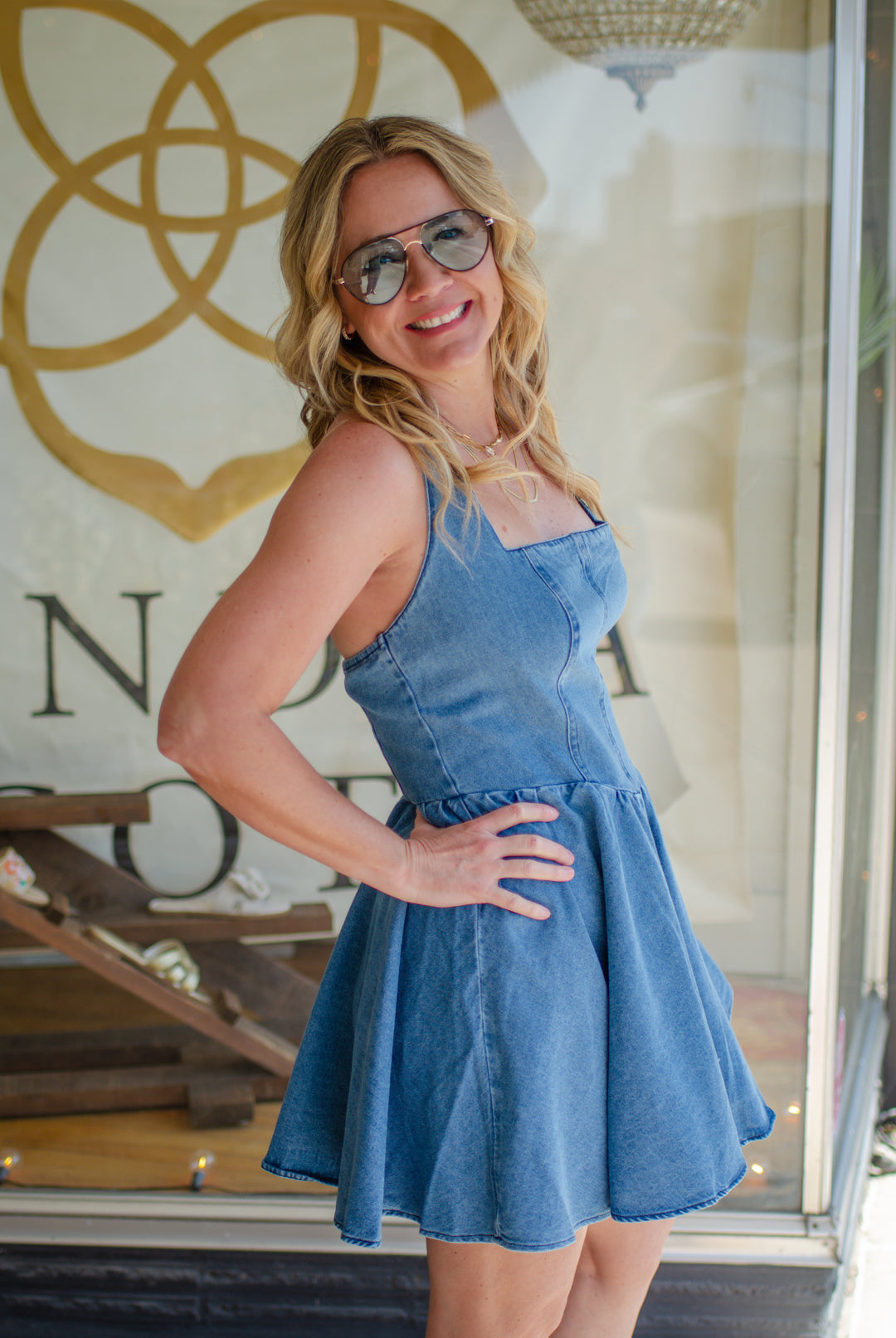 Make Your Move Denim Halter Bow Back Dress