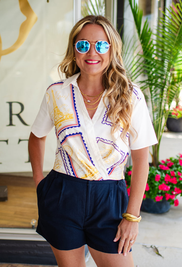 Paris Travel Printed Surplice Front Collared Top