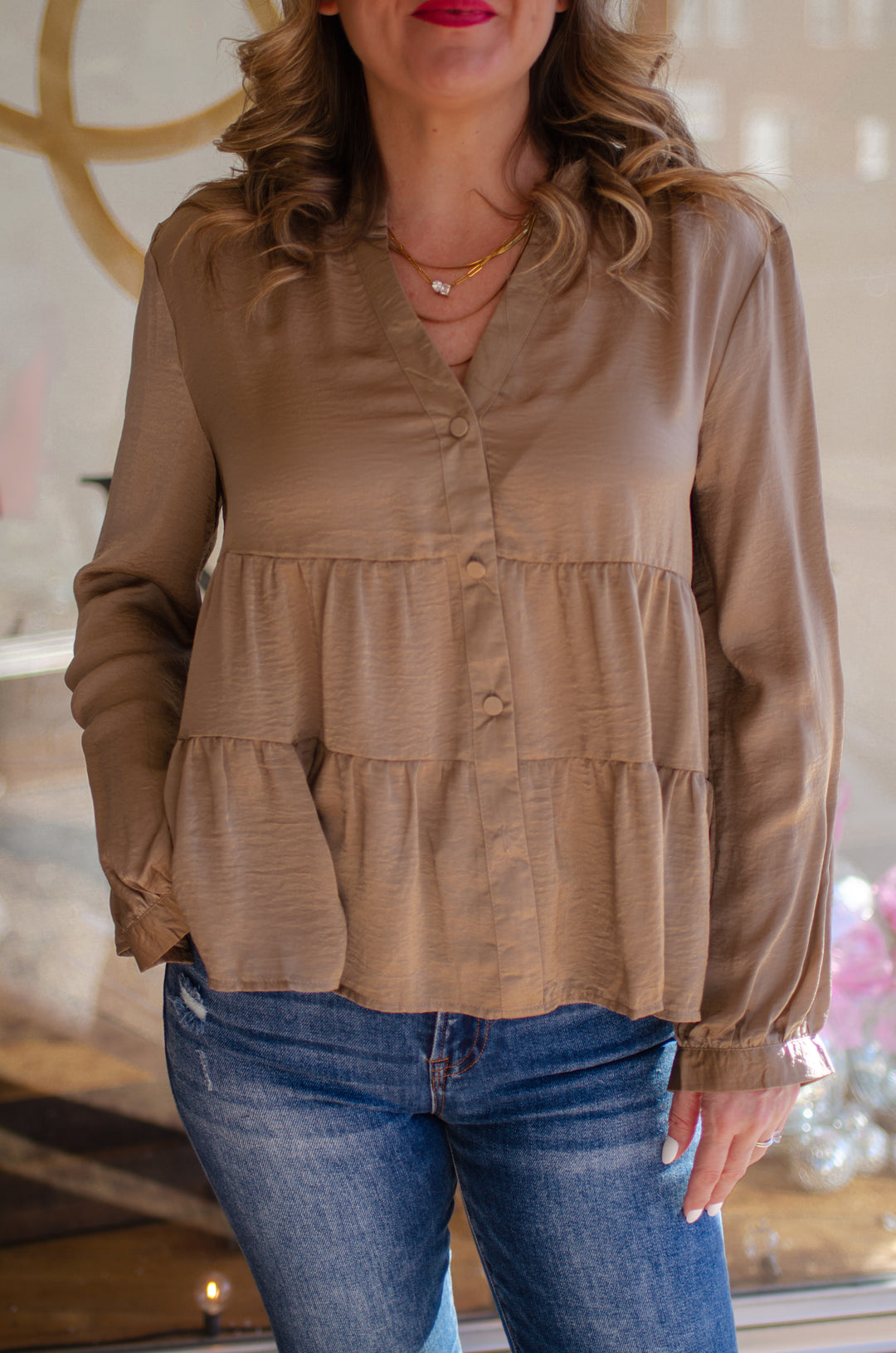 Ruffle Layered Long Sleeve Button Down Top in Taupe