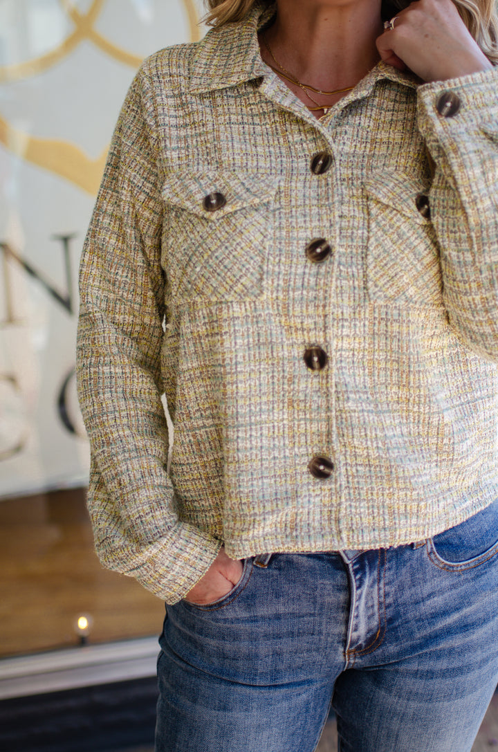 Holding On to Us Tweed Button Down Jacket in Sage