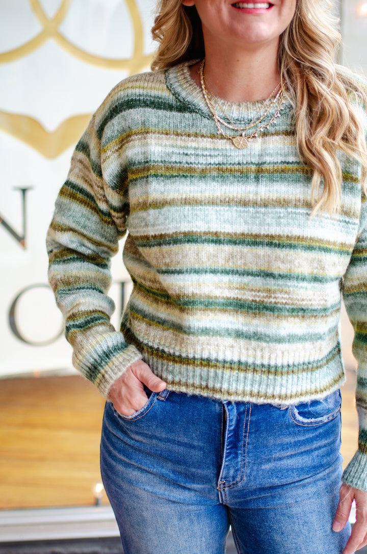 Shades Of Green Multi Color Stripe Knit Sweater Top