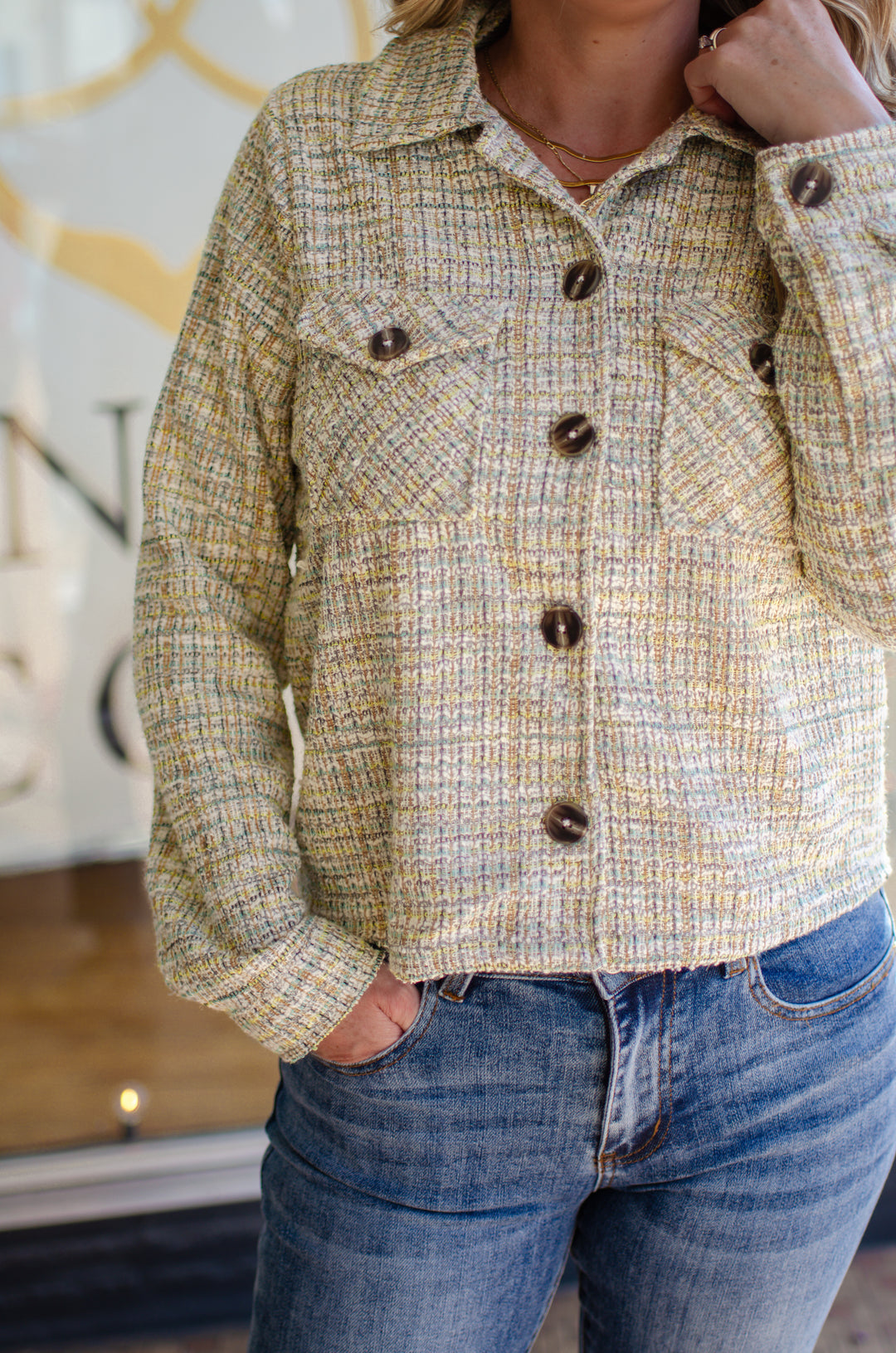 Holding On to Us Tweed Button Down Jacket in Sage