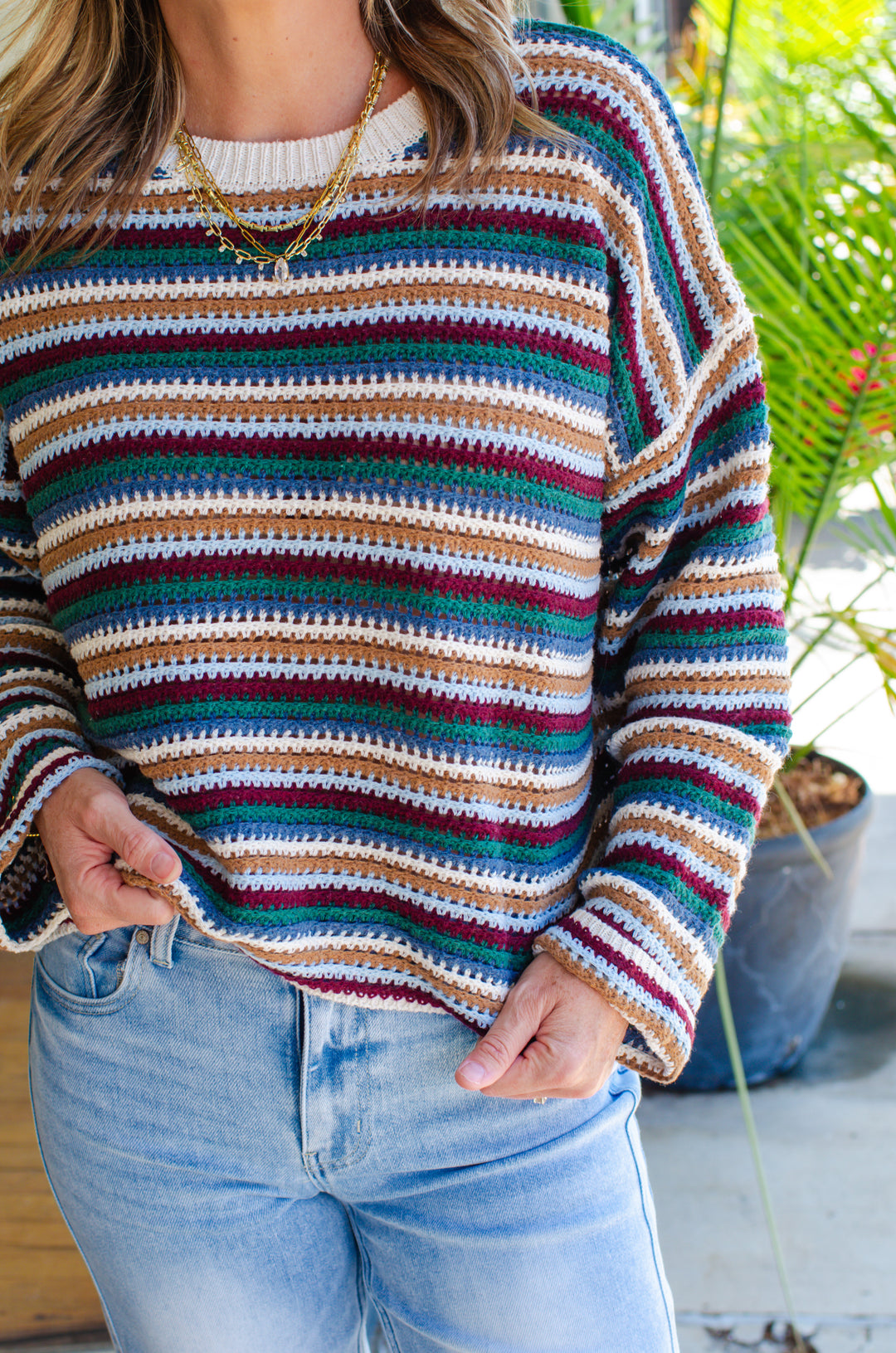 Retro Stripe Knit Round Neckline Sweater Top on Ecru Mix