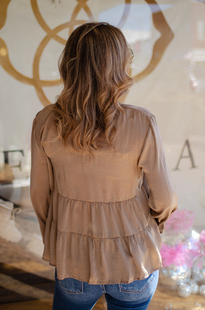 Ruffle Layered Long Sleeve Button Down Top in Taupe