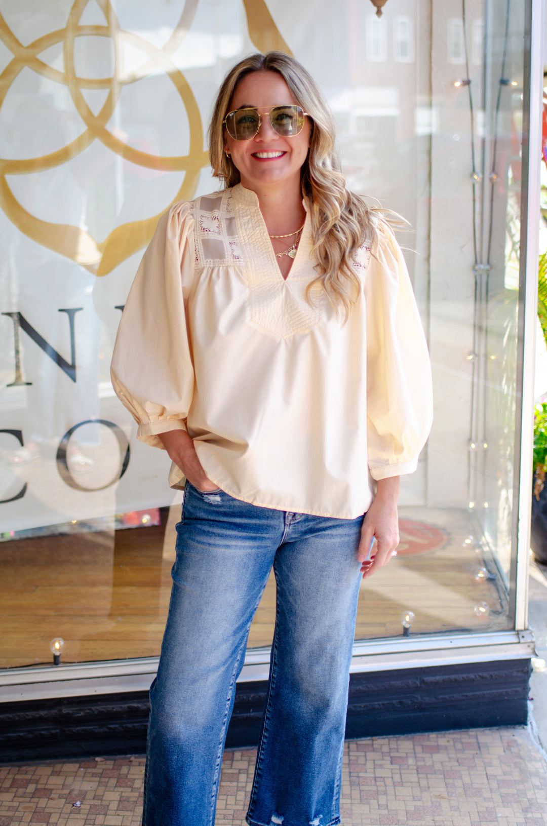 Out for Brunch Crochet Lace Detailed V-Neck 3/4 Sleeve Blouse in Cream