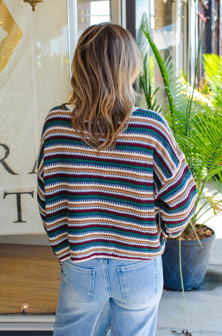 Retro Stripe Knit Round Neckline Sweater Top on Ecru Mix