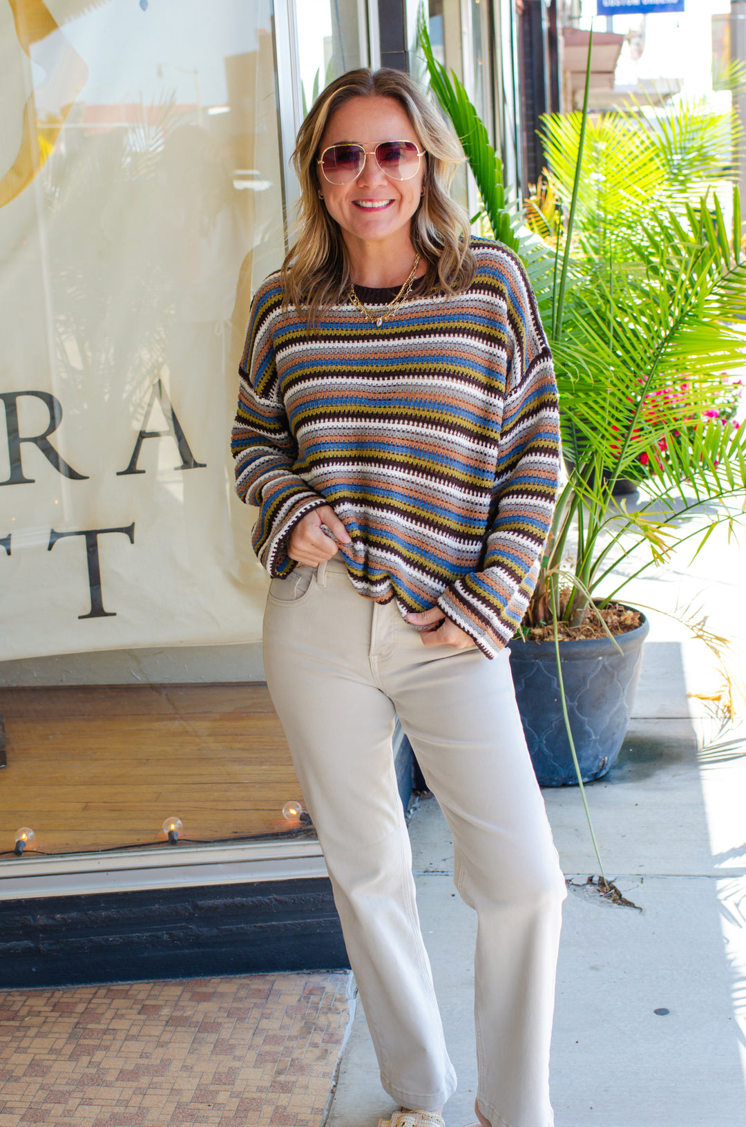Retro Stripe Knit Round Neckline Sweater Top on Chocolate Brown Mix