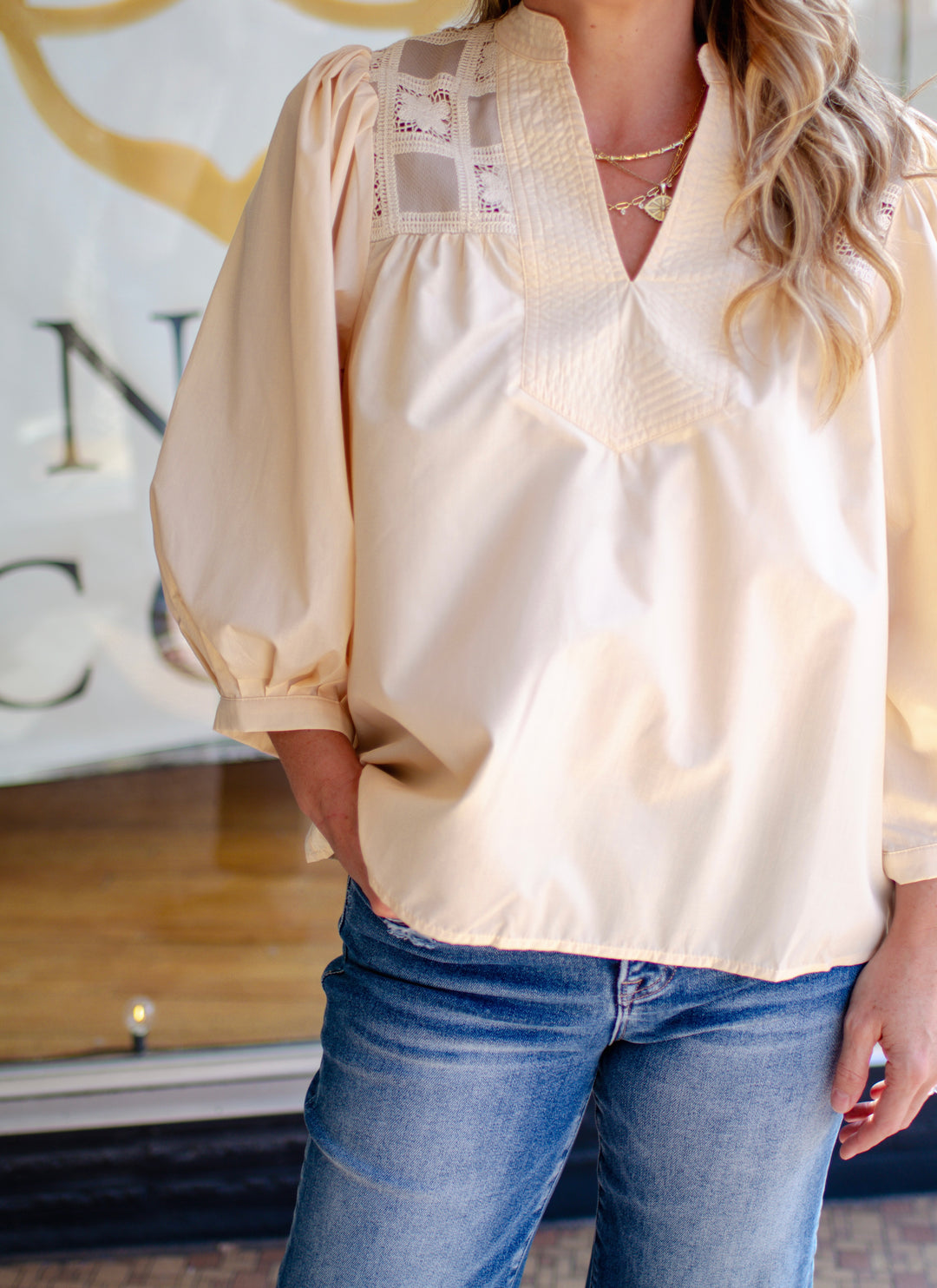 Out for Brunch Crochet Lace Detailed V-Neck 3/4 Sleeve Blouse in Cream