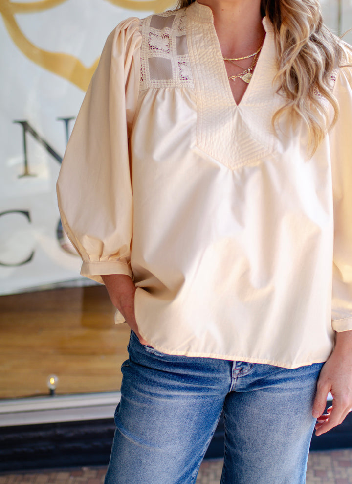 Out for Brunch Crochet Lace Detailed V-Neck 3/4 Sleeve Blouse in Cream