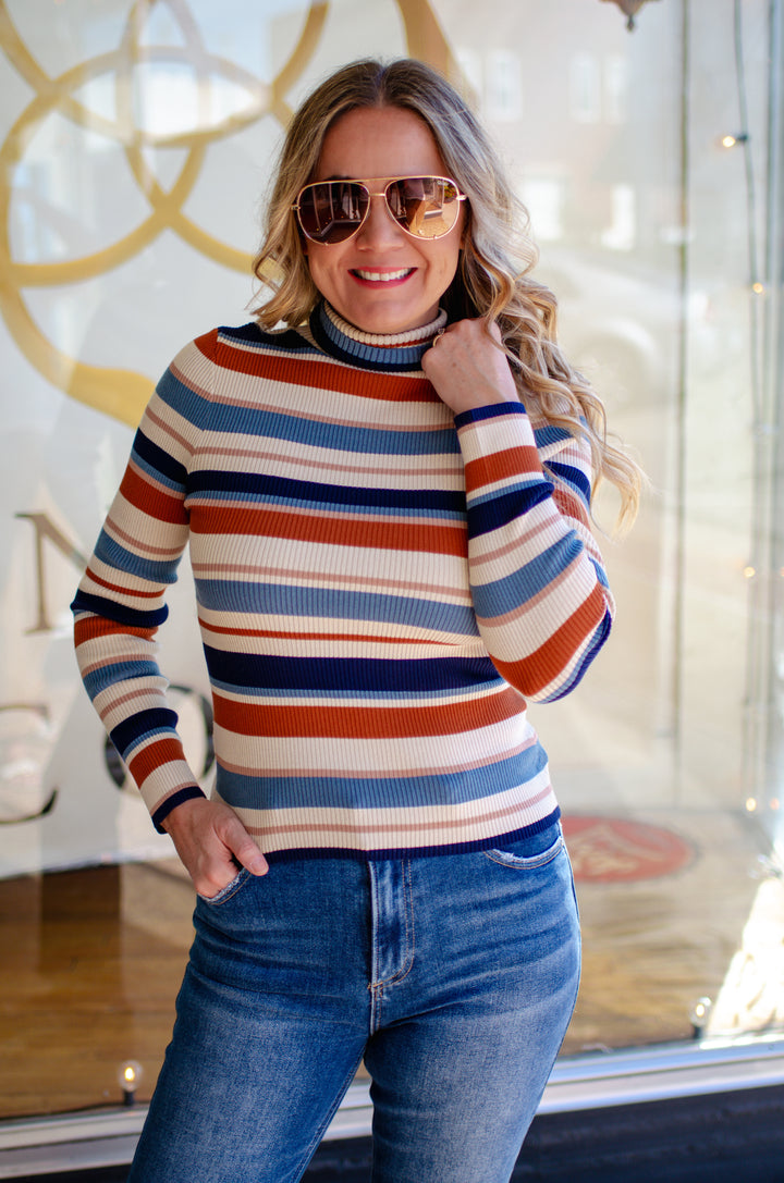 Full Heart Ribbed Stripe Mock Neck Long Sleeve Top in Navy Multi