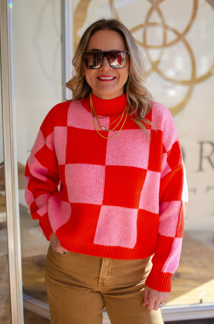 Check You Out Knit Checked Sweater Top in Pink & Orange Mix