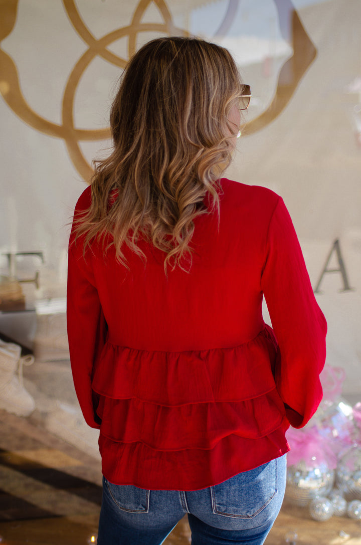 Send My Love Black Ruffle Hem Long Sleeve Top in Red