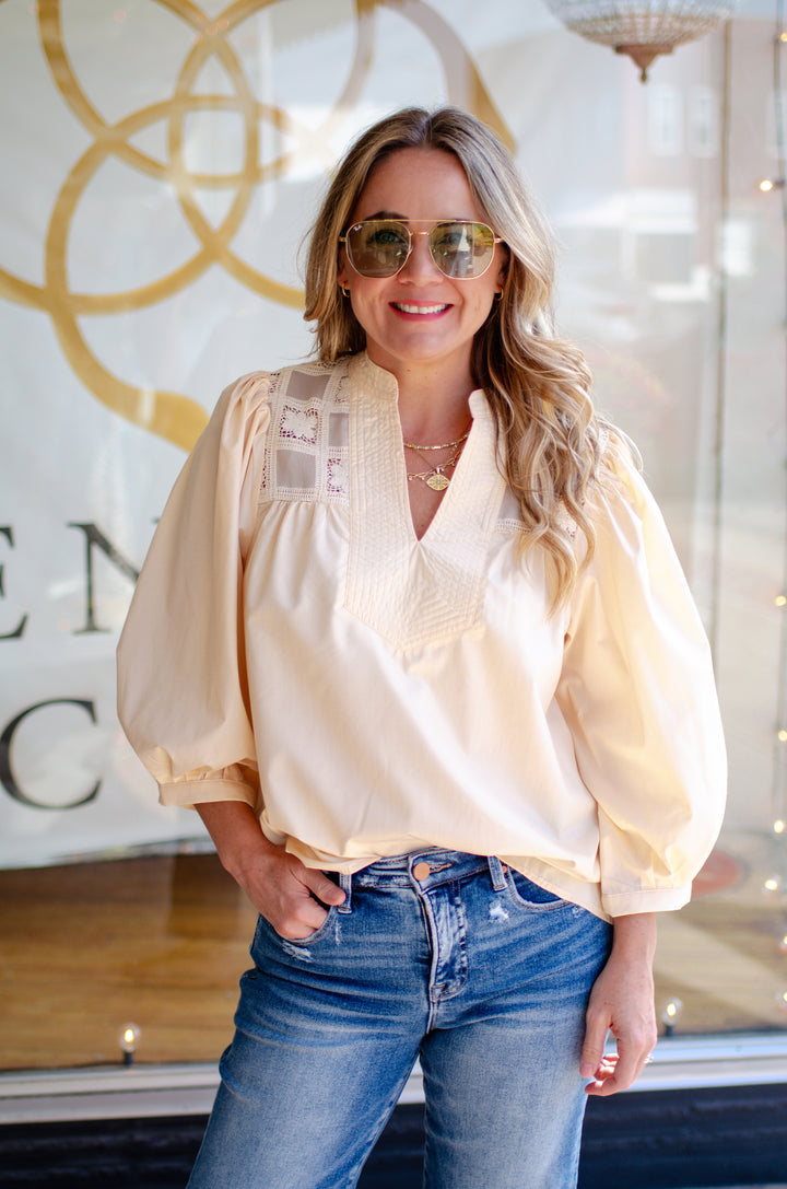 Out for Brunch Crochet Lace Detailed V-Neck 3/4 Sleeve Blouse in Cream