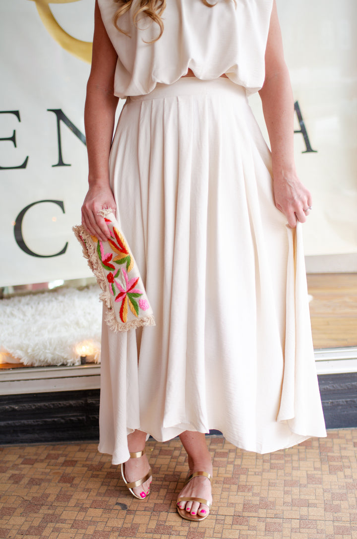 Greek Summer Cream Pleated Midi Skirt