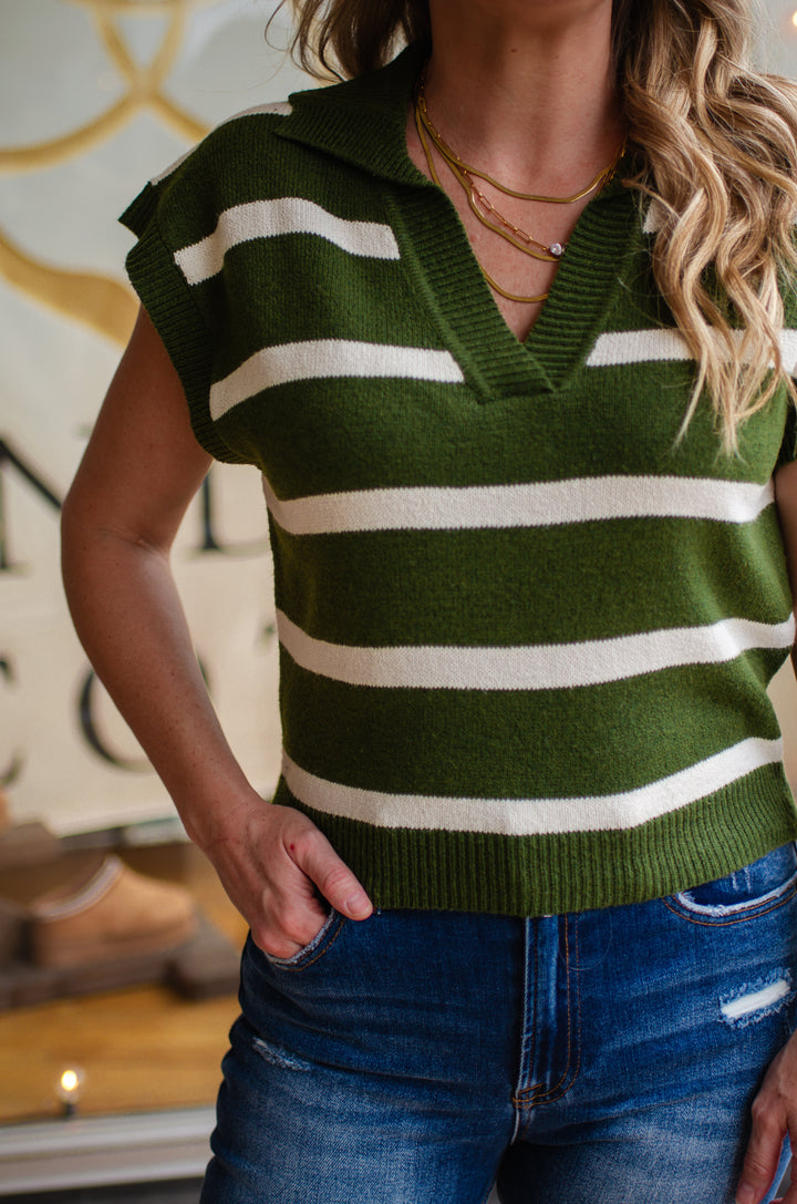 Fall into You Collared Sleeveless Knit Sweater Top in Olive & White Stripe