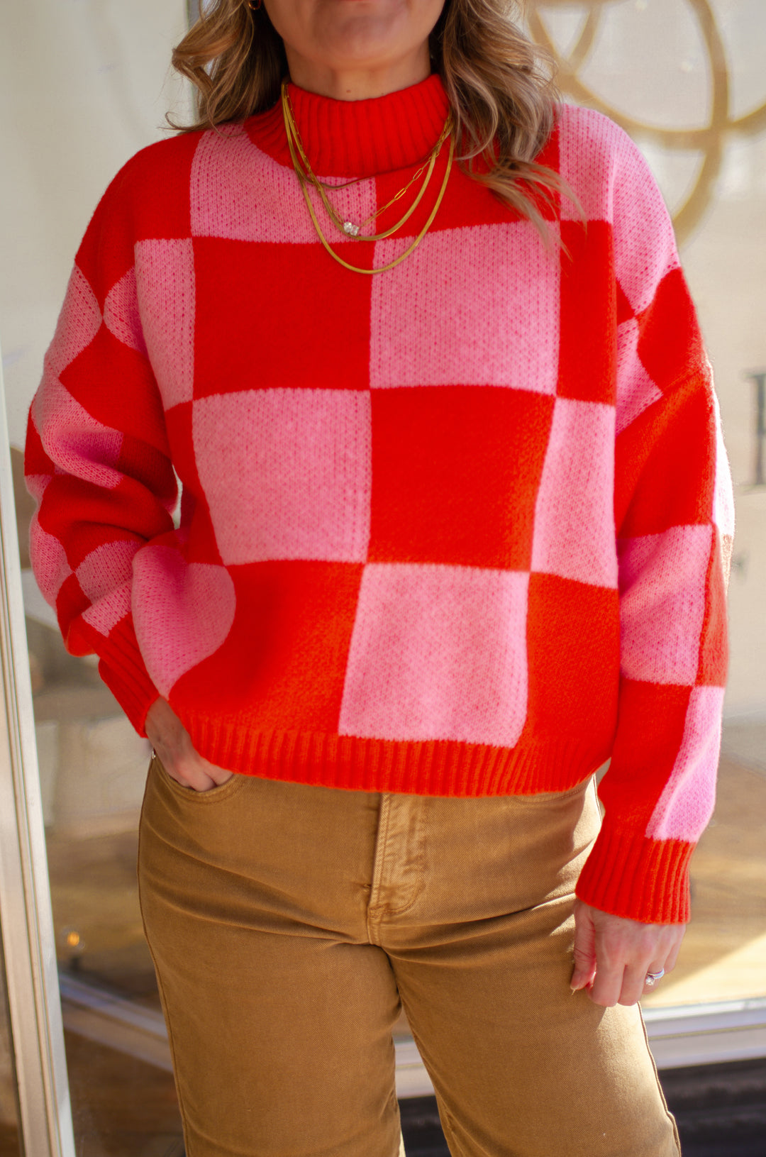 Check You Out Knit Checked Sweater Top in Pink & Orange Mix