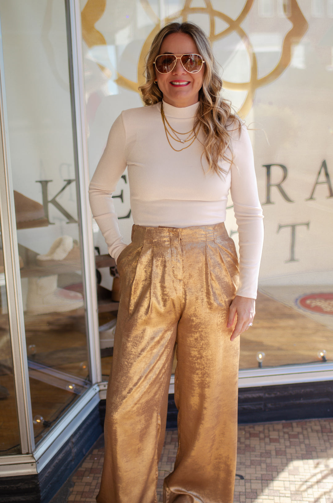 Metallic Moments Wide Leg Front Pleated Pants in Gold Metallic