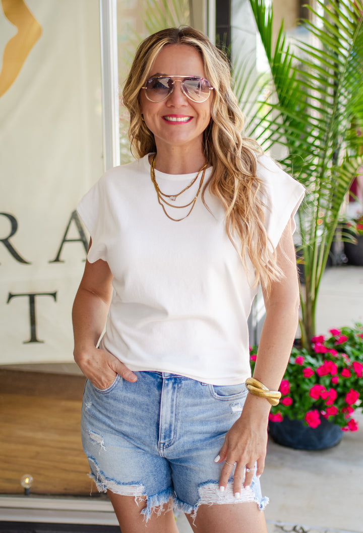 Always Yours Soft Knit Round Neck Cap Sleeve Top in Cream